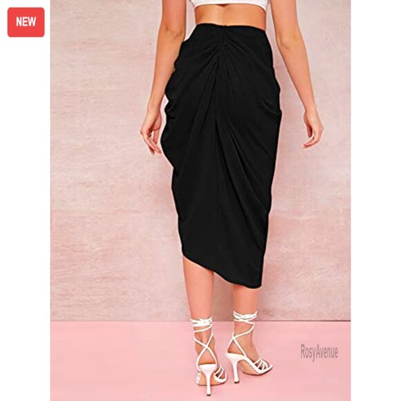 High Waist Satin Midi Skirt with Front Slit Ruched Zip Back Bodycon - Picture 2 of 5